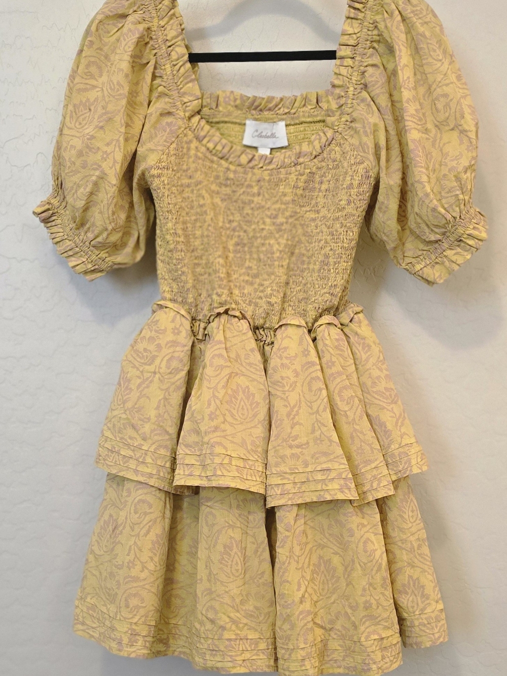 Cleobella Luna Yellow Smocked Tiered Puffed Sleeve Mini Dress, Women's Small